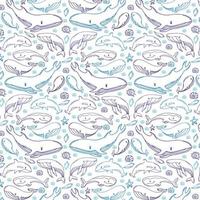 patroon van blauw walvissen met schelpen en sterren. kinderen doeken, achtergrond, patroon, ontwerp, kleding stof. vector