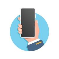 smartphone in hand- illustratie in vlak stijl. mobiel apparaat vector illustratie Aan geïsoleerd achtergrond. apparaatje teken bedrijf concept.