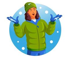 een vrouw vervelend een warm jasje genieten van de vallend sneeuw in winter vector