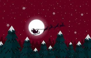 santa en zijn rendieren op besneeuwde kerstnacht vector