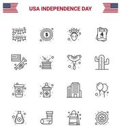 4e juli Verenigde Staten van Amerika gelukkig onafhankelijkheid dag icoon symbolen groep van 16 modern lijnen van lofzang vlag teken bruiloft uitnodiging bewerkbare Verenigde Staten van Amerika dag vector ontwerp elementen