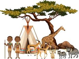 Afrikaanse stam met groep wilde Afrikaanse dieren op witte achtergrond vector