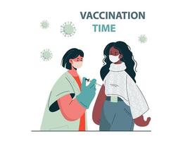 dokter maakt een injectie van griep vaccin naar vrouw. de vaccin tegen de covid-19 virus. jong mensen vaccinatie concept. gezondheidszorg, coronavirus. vector