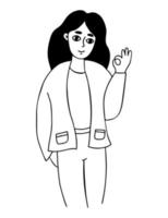 gelukkig meisje met lang haar- en shows hand- gebaar OK. vector illustratie. lineair hand- getrokken tekening. schattig vrouw karakter.