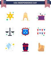 reeks van 9 Verenigde Staten van Amerika dag pictogrammen Amerikaans symbolen onafhankelijkheid dag tekens voor veiligheid schaal trommel wet rechtbank bewerkbare Verenigde Staten van Amerika dag vector ontwerp elementen