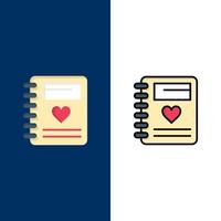 notitieboekje liefde hart bruiloft pictogrammen vlak en lijn gevulde icoon reeks vector blauw achtergrond