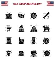 16 solide glyph tekens voor Verenigde Staten van Amerika onafhankelijkheid dag Verenigde Staten van Amerika knuppel Verenigde Staten van Amerika basketbal insigne bewerkbare Verenigde Staten van Amerika dag vector ontwerp elementen