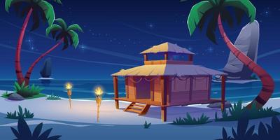 strand hut of bungalow Bij nacht Aan tropisch eiland vector