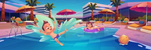 kinderen in zwemmen zwembad Bij hotel Oppervlakte met lounges vector