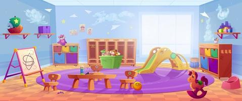 kleuterschool, kinderkamer speelkamer met kluisjes, glijbaan vector