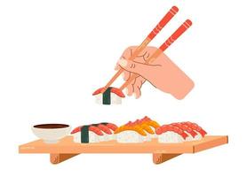 reeks van nigiri. aan het eten nigiri met eetstokjes. vector