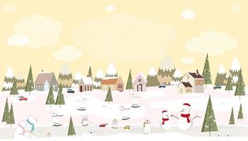 Kerstmis groet kaart van winter wonderland landschap in dorp, vector illustratie achtergrond klein stad- in platteland met boerderij huis pijnboom boom, sneeuw Mens en schattig porabel spelen buiten