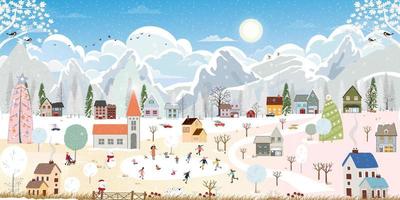 winter landschap in dorp, Kerstmis en nieuw jaar gevierd in de stad, vector van horizontaal banier winter wonderland in de stad- met gelukkig kinderen rodelen en paar met skiën in de park