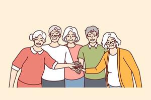 ouderen mannen en Dames met grijs haar- staan met handen uitgestrekt naar centrum demonstreren solidariteit. vriendelijk gepensioneerden van verpleging huis in gewoontjes kleren lachend. vlak vector beeld
