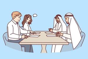 managers van Internationale bedrijf zitten Bij tafel met papieren en bespreken investeringen. bedrijf praat van mensen in Arabisch kleren en Europese bedrijf medewerkers met toespraak bubbel. vlak vector beeld