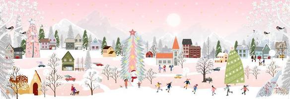 winter landschap Bij nacht, Kerstmis en nieuw jaar gevierd in de stad, vector van horizontaal banier winter wonderland in de stad- met gelukkig kinderen rodelen en paar met skiën in de park