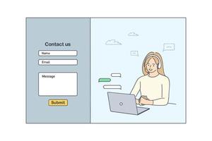contact ons sjabloon het formulier voor web ontwerp concept. jong glimlachen vrouw klant onderhoud operator communiceren met cliënt Bij laptop. helpdesk en klant ondersteuning vector