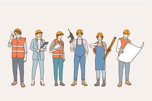 Bouwers en bouw industrie concept. jong mensen tekenfilm tekens werken in bouw in helmen en werkkleding staand met gereedschap en documenten vector illustratie