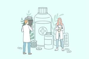 apotheek winkel concept. jong mensen artsen apothekers werken tussen verdovende middelen flessen en potten en divers geneesmiddelen in apotheek op te slaan vector illustratie vector illustratie.