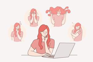 mentaal wanorde, afgeleid gedrag concept. jong vrouw tekenfilm karakter zittend in de buurt laptop uitdrukken divers gevoelens en emoties lijden van humeur veranderingen vector illustratie