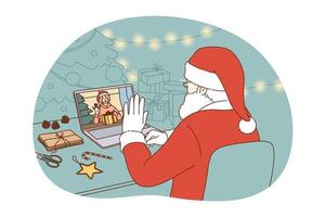 online Kerstmis en nieuw jaar viering concept. de kerstman claus in traditioneel rood kostuum zittend en feliciteren gelukkig kind met winter vakantie online Aan laptop gedurende video telefoontje ver weg meting vector