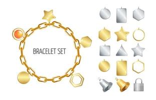 realistisch gedetailleerd 3d goud keten armband met hangers set. vector