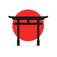 silhouet zwart Japans traditioneel torii poort Aan een rood zon. vector