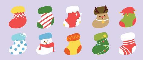 reeks van Kerstmis sokken achtergrond vector illustratie. verzameling van decoratief schattig levendig gebreid sokken in verschillend stijl. ontwerp voor Kerstmis decoratie, uitnodiging kaart, groet, poster.