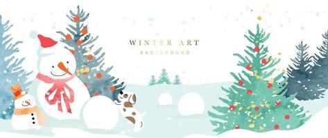 luxe winter kunst achtergrond vector illustratie. hand- geschilderd waterverf winter landschap, decoratief Kerstmis bomen, schattig sneeuwman, hond. ontwerp voor afdrukken, decoratie, poster, behang, spandoek.