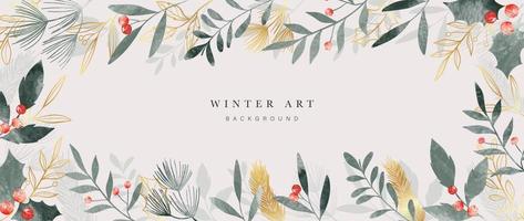 waterverf winter kunst achtergrond vector illustratie. hand- geschilderd decoratief winter bladeren kader, BES, hulst, laurier met goud lijn kunst. ontwerp voor afdrukken, decoratie, poster, behang, spandoek.