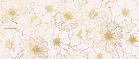 luxe gouden wild bloem lijn kunst achtergrond vector. natuurlijk botanisch elegant bloem met goud lijn kunst. ontwerp illustratie voor decoratie, muur decor, behang, omslag, banier, poster, kaart. vector
