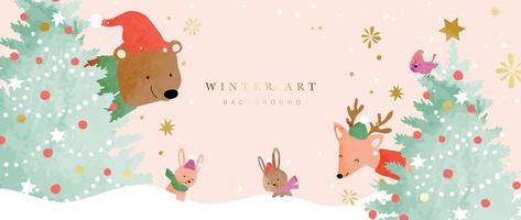 luxe winter kunst achtergrond vector illustratie. hand- geschilderd waterverf decoratief schattig beer, hert, konijnen en vogel met Kerstmis bomen. ontwerp voor afdrukken, decoratie, poster, behang, spandoek.