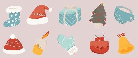 reeks van winter levendig Kerstmis element vector illustratie. verzameling van sok, de kerstman hoed, Cadeau doos, Kerstmis boom, kaars, handschoen, taart. ontwerp voor sticker, kaart, poster, uitnodiging, groet.