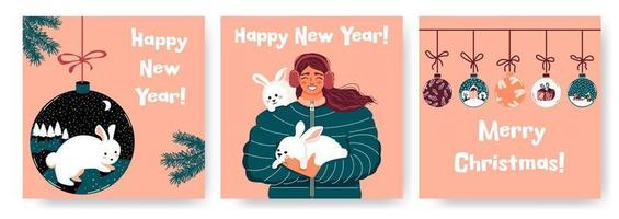 gelukkig nieuw jaar. haas, konijn -symbool van de Chinese nieuw jaar 2023. vrouw Holding een konijnen. Kerstmis ballen met konijn, sneeuwval. vector groet kaarten.