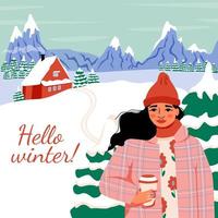 Hallo winter. bergen, sparren, sneeuw, een knus huis. winter landschap. vrouw met koffie. vector grens, kader. perfect voor een poster van ski toevlucht