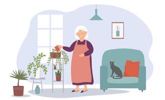 een ouderen vrouw duurt zorg van binnen- planten, kleuren, wateren. groeit. hobby's, de oud dames- bezetting Bij huis. vector grafiek.