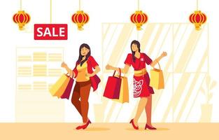 vrouwen die in wandelgalerij winkelen tijdens Chinees nieuwjaarsevenement vector