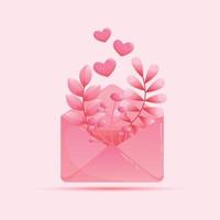 gelukkig Valentijnsdag dag. roze papier envelop met bloemen bladeren en hart. tekenfilm mail envelop ontwerp. vakantie achtergrond. vector illustratie