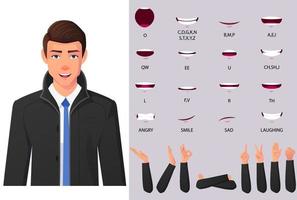 Kaukasisch zakenman karakter mond animatie lipsynchronisatie en hand- gebaren loopgraaf jas premie vector