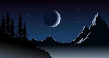 sterrenhemel nacht in berg met bomen en maan. vector natuur landschap