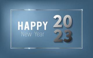 gelukkig nieuw jaar 2023. metaal nummer, tekst met plein kader Aan blauw helling achtergrond. vector