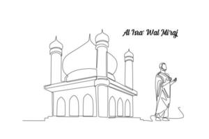 doorlopend een lijn tekening een moslims in ihram bidden naar god met verheven handen in moskee. isra misraj. Islamitisch evenementen concept. single lijn trek ontwerp vector grafisch illustratie.