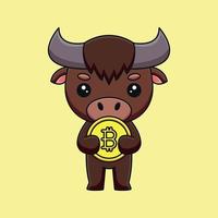 schattig buffel Holding bitcoin tekenfilm mascotte tekening kunst hand- getrokken schets concept vector kawaii icoon illustratie