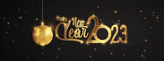 gelukkig nieuw jaar van schitteren goud vuurwerk. vector gouden glinsterende tekst en 2023 getallen met fonkeling schijnen voor vakantie groet kaart.