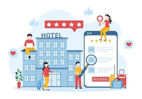 hotel recensie met beoordeling onderhoud, gebruiker tevredenheid naar beoordeeld klant, Product of ervaring in vlak tekenfilm hand- getrokken Sjablonen illustratie vector