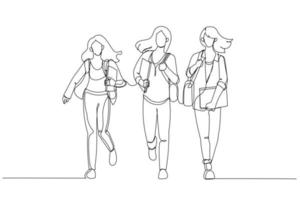 tekening van groep van vrouw leerling rennen proberen niet naar laat voor klas. doorlopend lijn kunst stijl vector