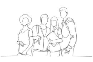 tekening van groep van studenten Holding boeken poseren na belt. single doorlopend lijn kunst vector