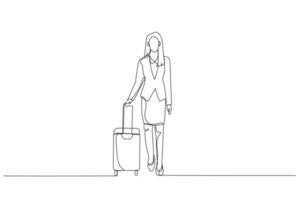 tekening van mooi zakenvrouw op reis door lucht. single doorlopend lijn kunst stijl vector