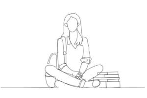 tekenfilm van vrouw leerling zittend na hebben klas. een lijn kunst stijl vector