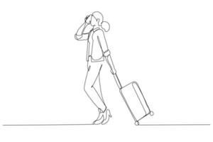 tekenfilm van vol lengte kant van een zakenvrouw wandelen met koffer en pratend Aan mobiel telefoon Bij luchthaven. een lijn kunst stijl vector